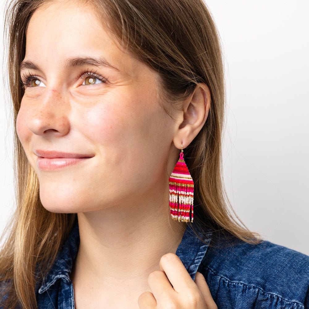 Lexie Horizontal Stripes Beaded Fringe Earrings - Hot Pink - Homage Pasadena