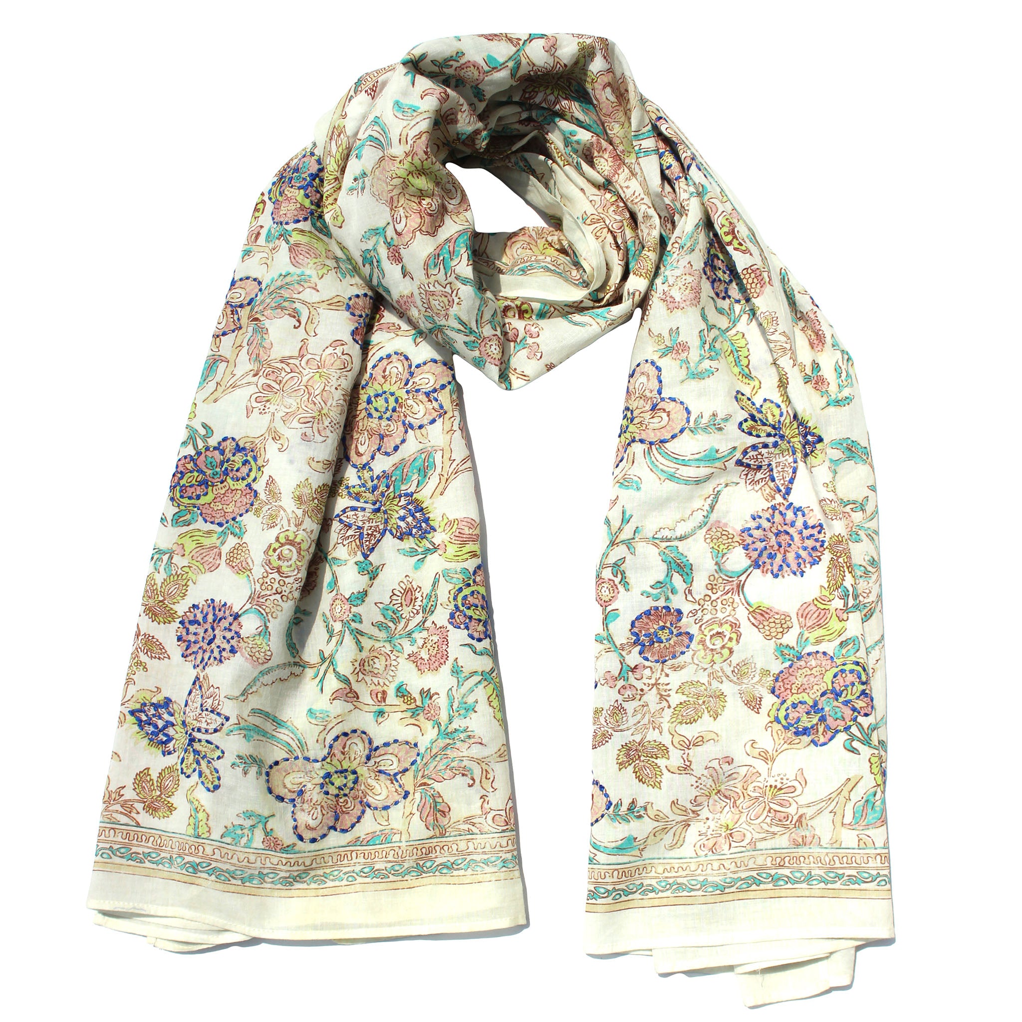 Oblong Floral Scarf - Teal/Beige Vismaya Inc.