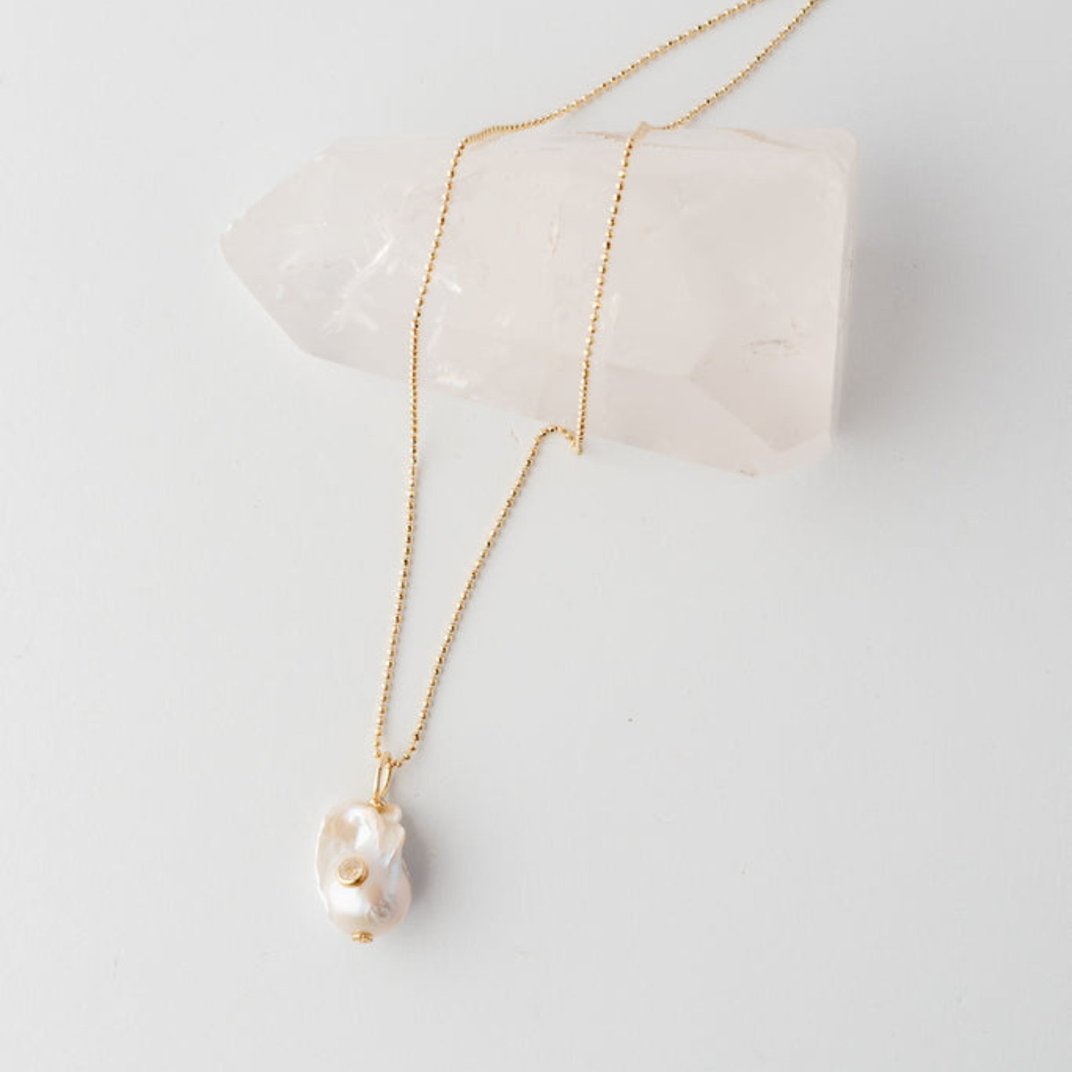 White Baroque Pearl Pendant with White Topaz on Gold Vermeil Chain