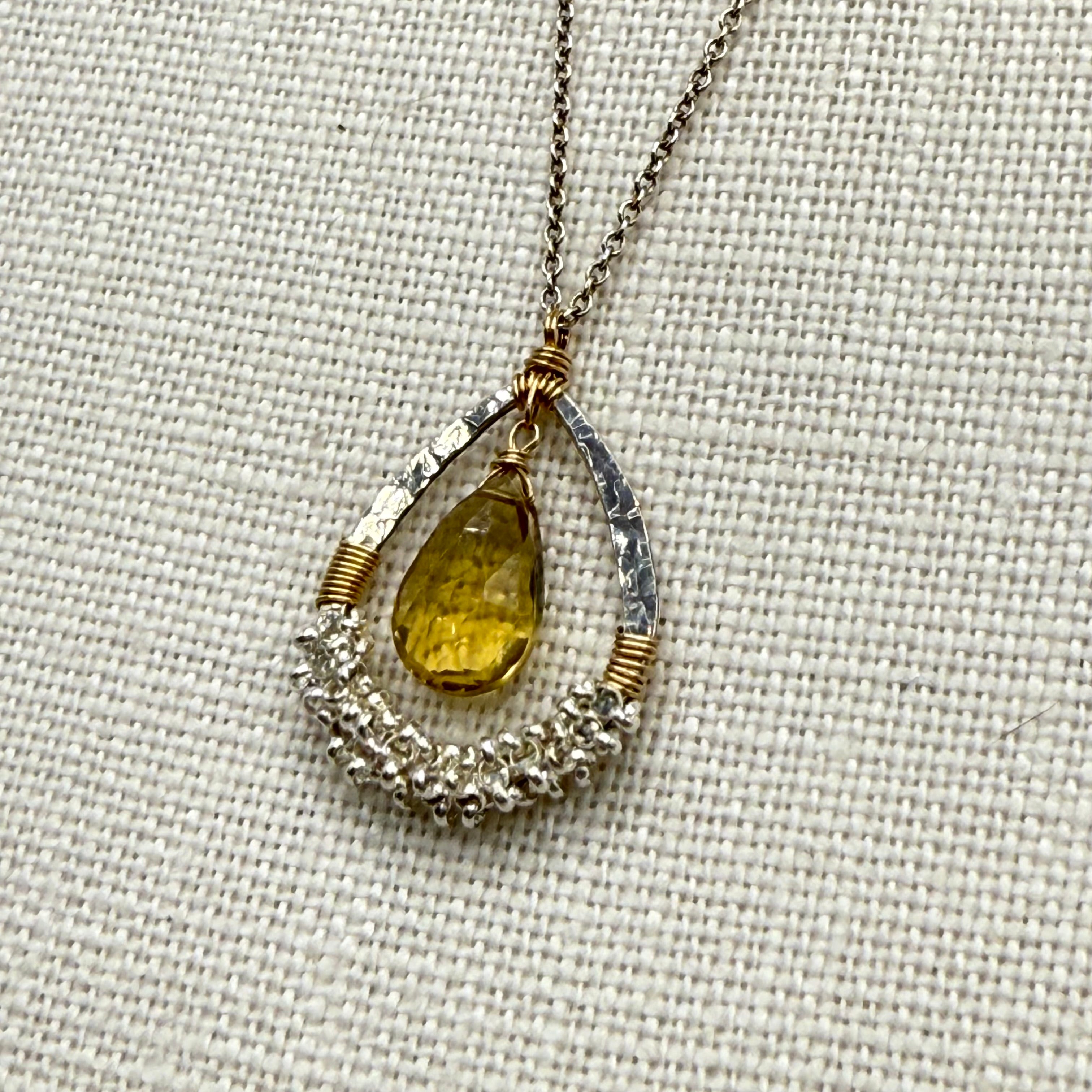 Whiskey Quartz in Gold Frame Pendant with Gold Beading Necklace