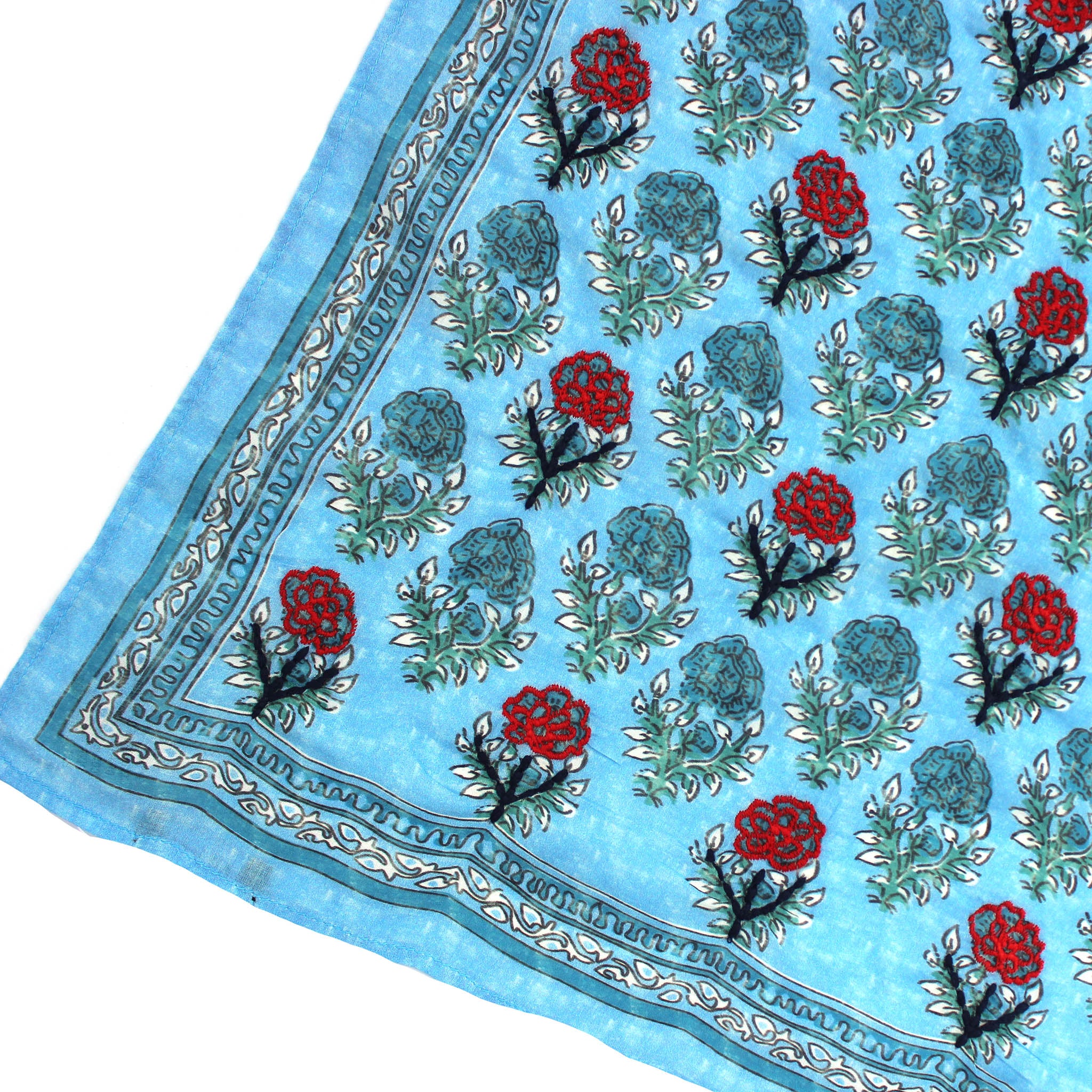 Buti Blockprint Embroidered Bandana - Blue Roses Vismaya Inc.