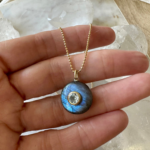 Load image 1 in gallery view. Small Round Labradorite with Blue Topaz on Gold Vermeil Chain