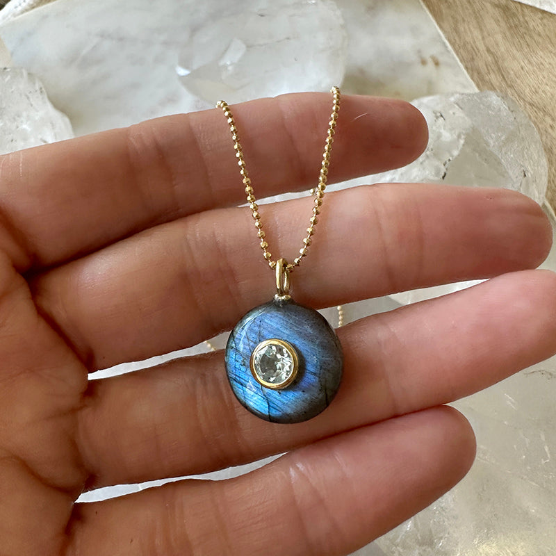 Small Round Labradorite with Blue Topaz on Gold Vermeil Chain