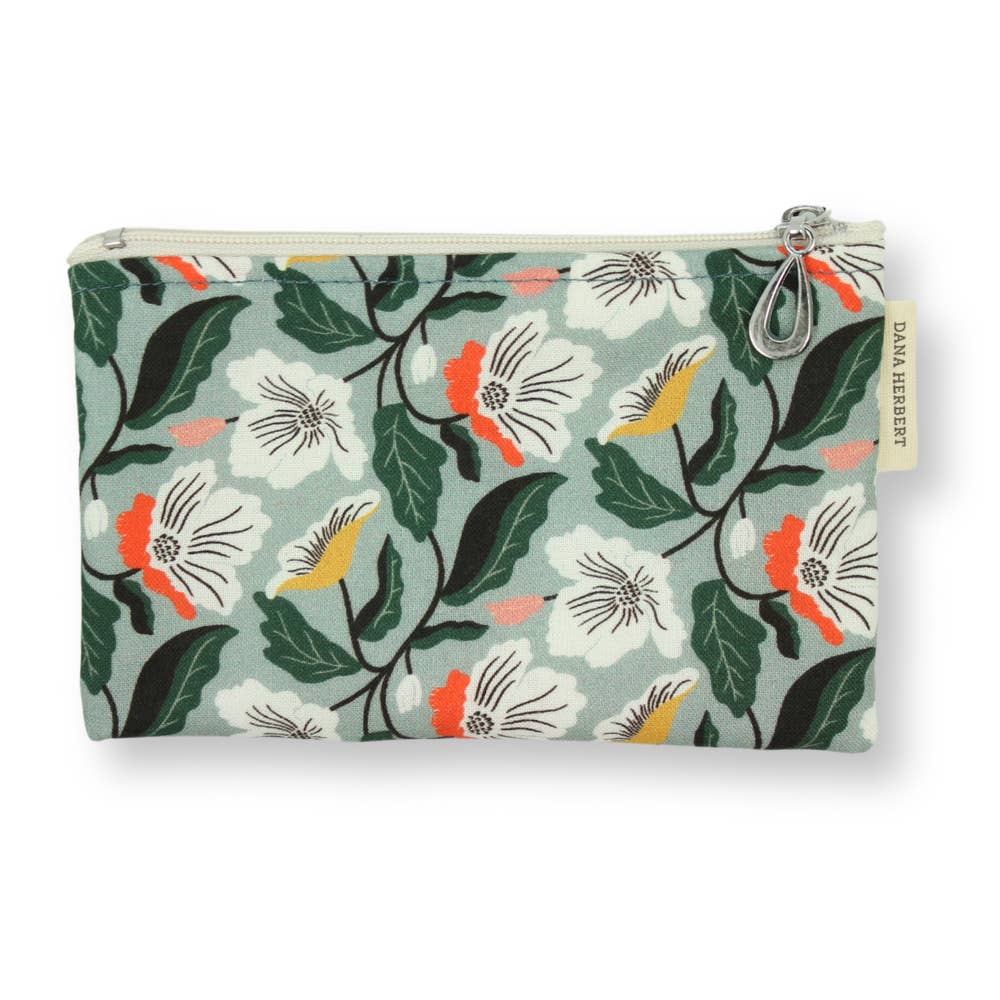 Cotton Coin Purse - White Poppy on Sage