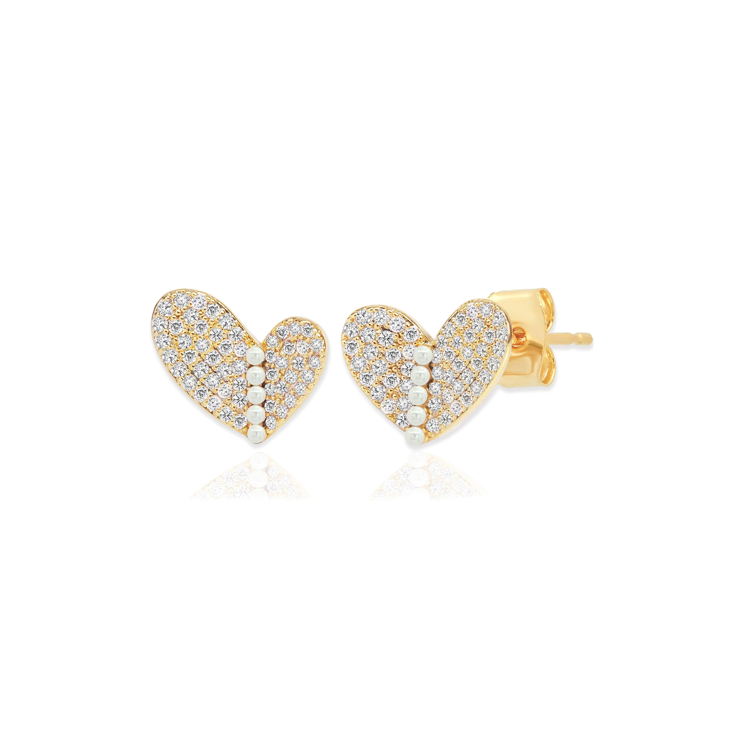 Pave' Asymmetrical Heart with Tiny Pearl Line Studs Tai Jewelry