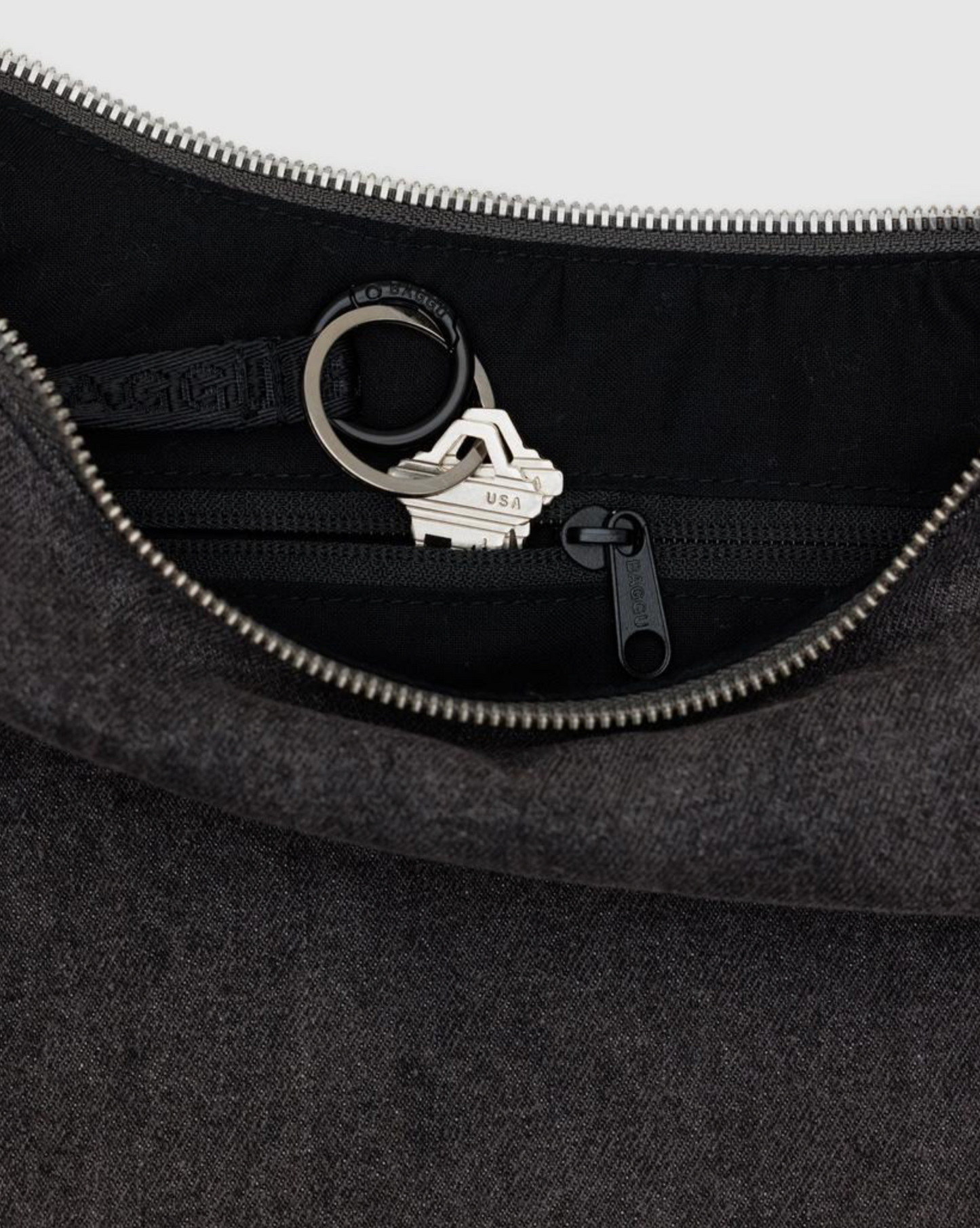 Medium Denim Crescent Bag - Washed Black Denim Baggu