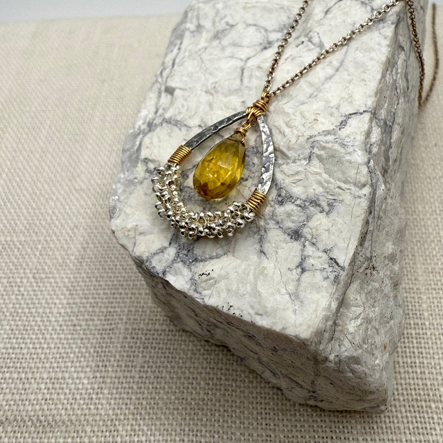 Whiskey Quartz in Gold Frame Pendant with Gold Beading Necklace Dana Kellin