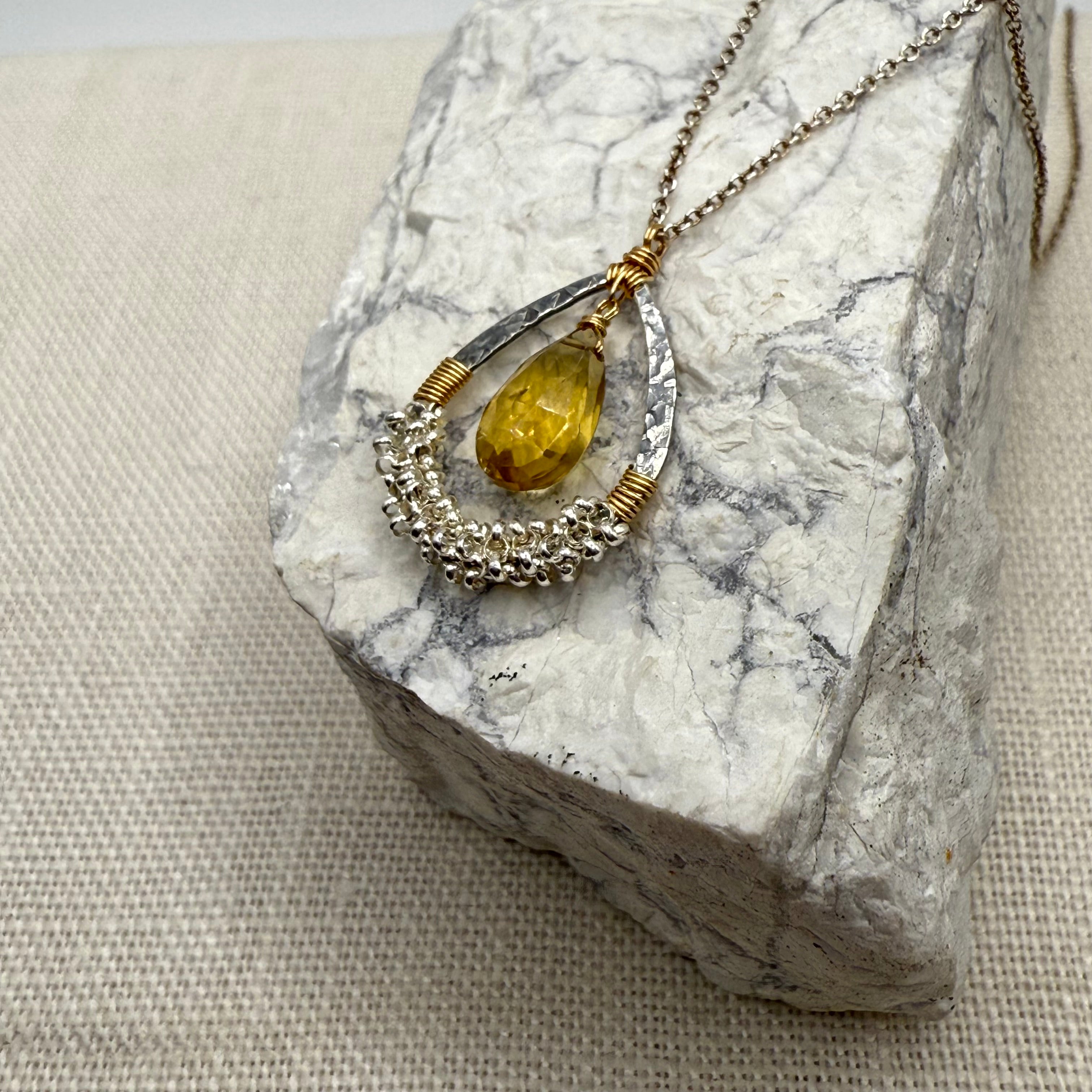 Whiskey Quartz in Gold Frame Pendant with Gold Beading Necklace