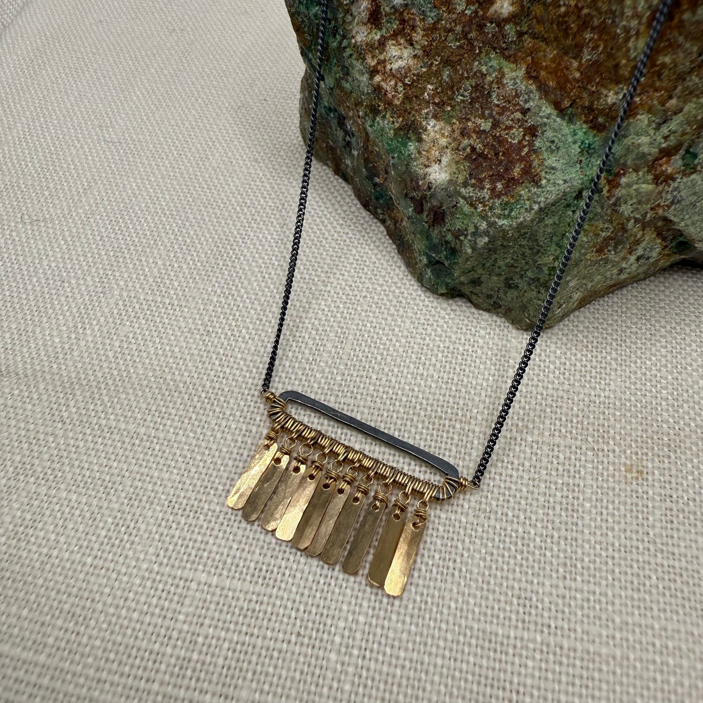 Oxidized Open Bar with Gold Fringe Necklace