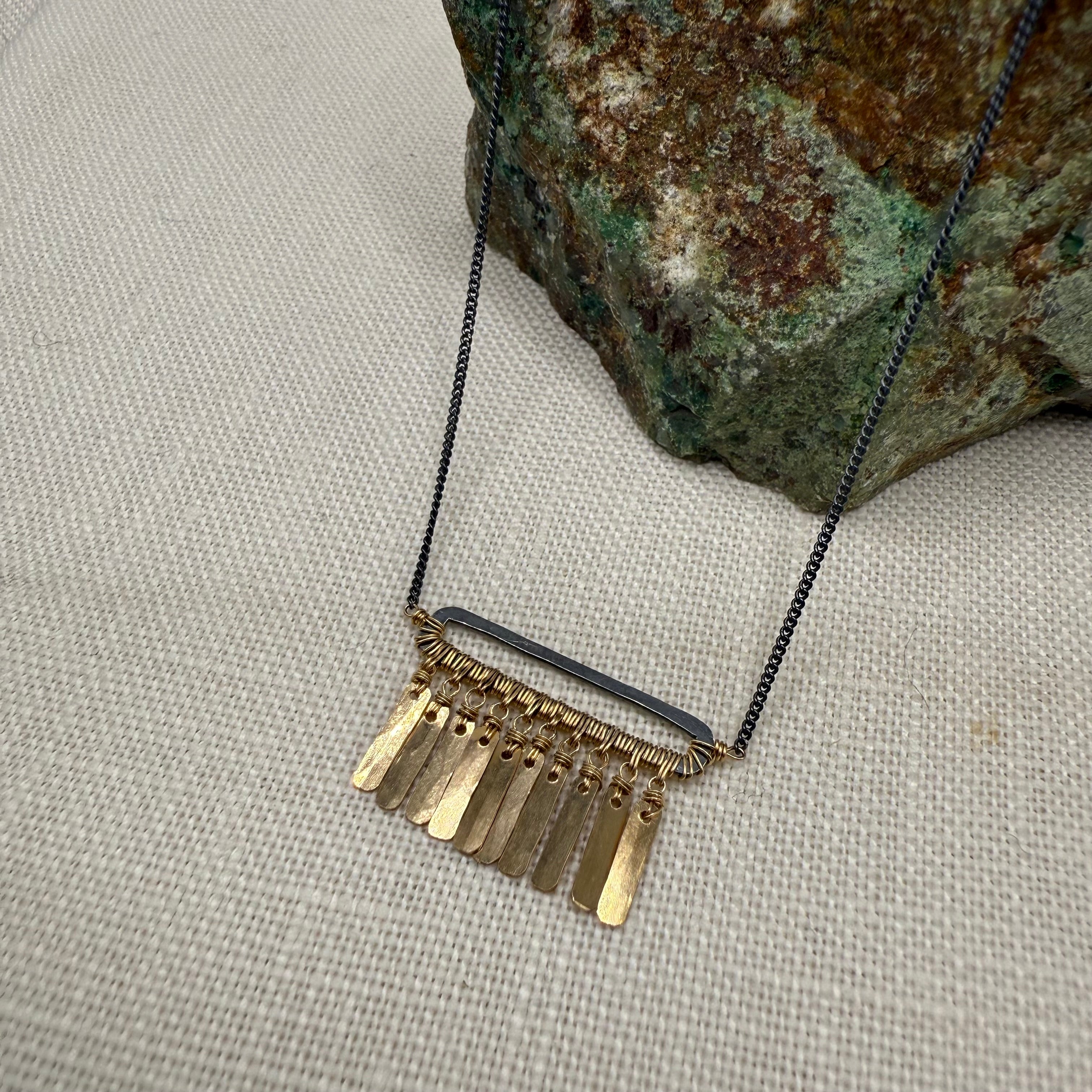 Oxidized Open Bar with Gold Fringe Necklace