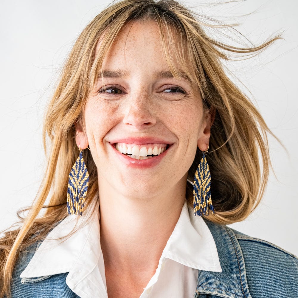 Delilah Beaded Fringe Earrings - Zebra/Gold Navy