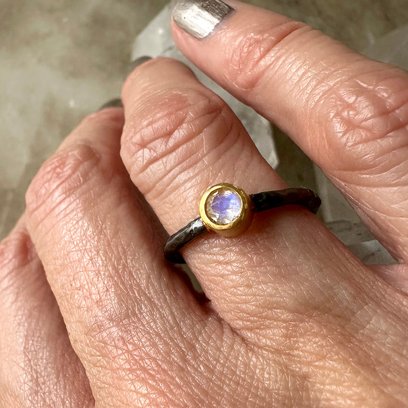 Moonstone Ring with Oxidized Sterling Silver and Gold Vermeil