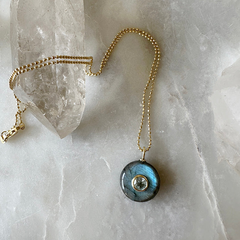 Small Round Labradorite with Blue Topaz on Gold Vermeil Chain