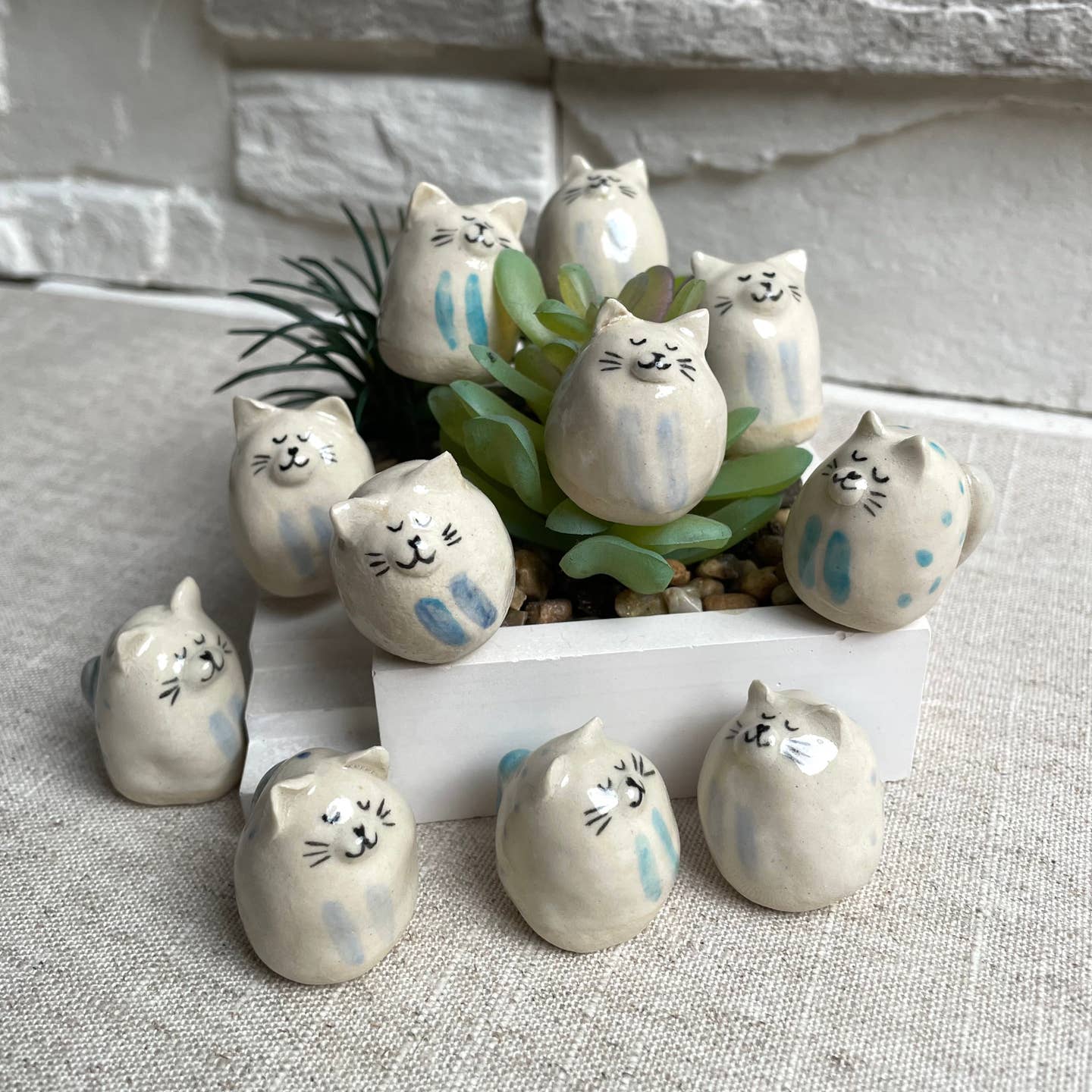 Handmade Mini Blue Ceramic Cat Figurine