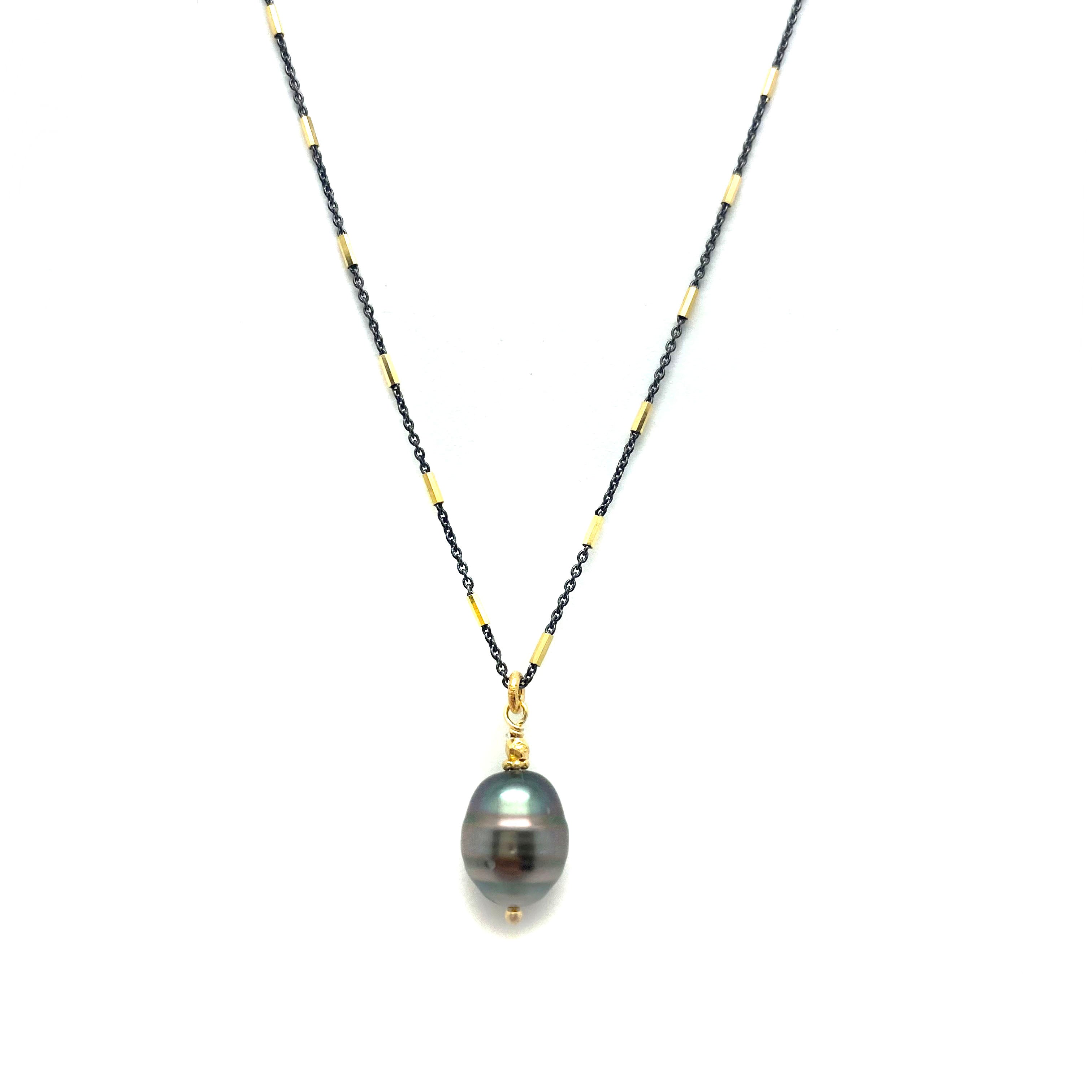 Grey Tahitian Pearl Drop on Oxidized Sterling Silver Chain