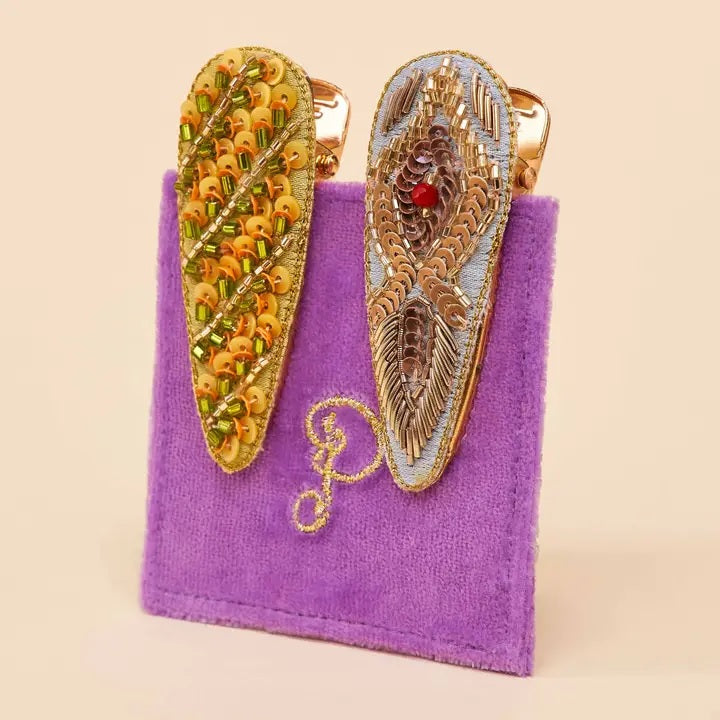 Jeweled Hair Clips - Feather and Stripe