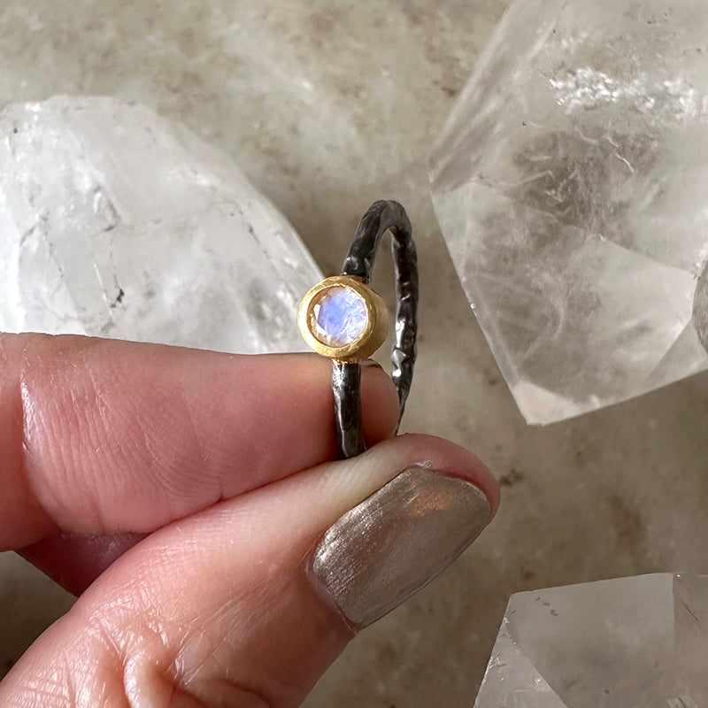 Moonstone Ring with Oxidized Sterling Silver and Gold Vermeil