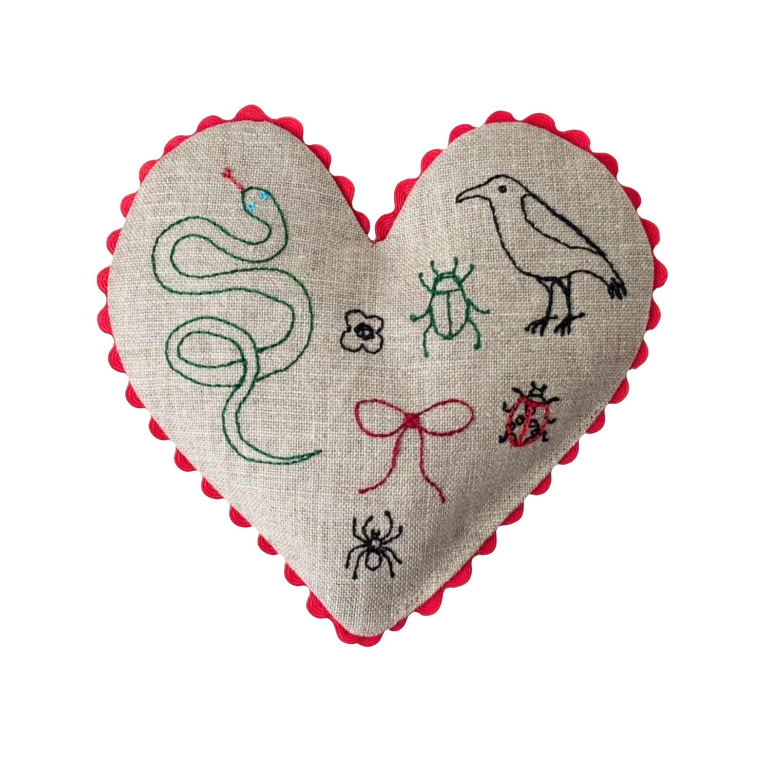 Snake and Bugs Linen Heart Sachet K Studio