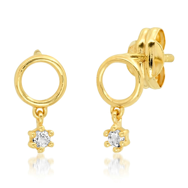 14K Gold Small Open Circle Post Earrings with White Topaz