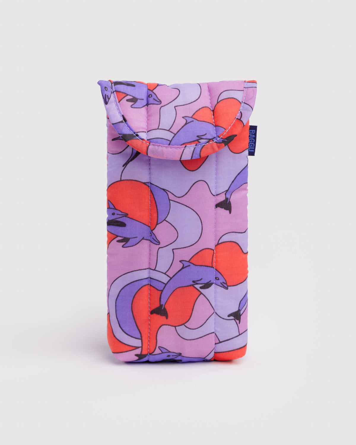 Puffy glasses sleeve in lilac with colorful bird pattern and padded zip-top opening