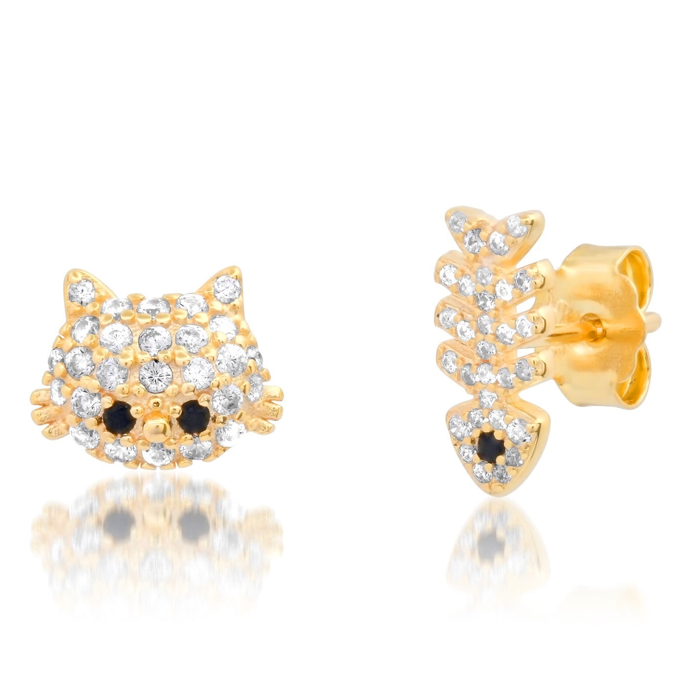 Fish Bone and Cat Mismatched Studs - Gold Vermeil
