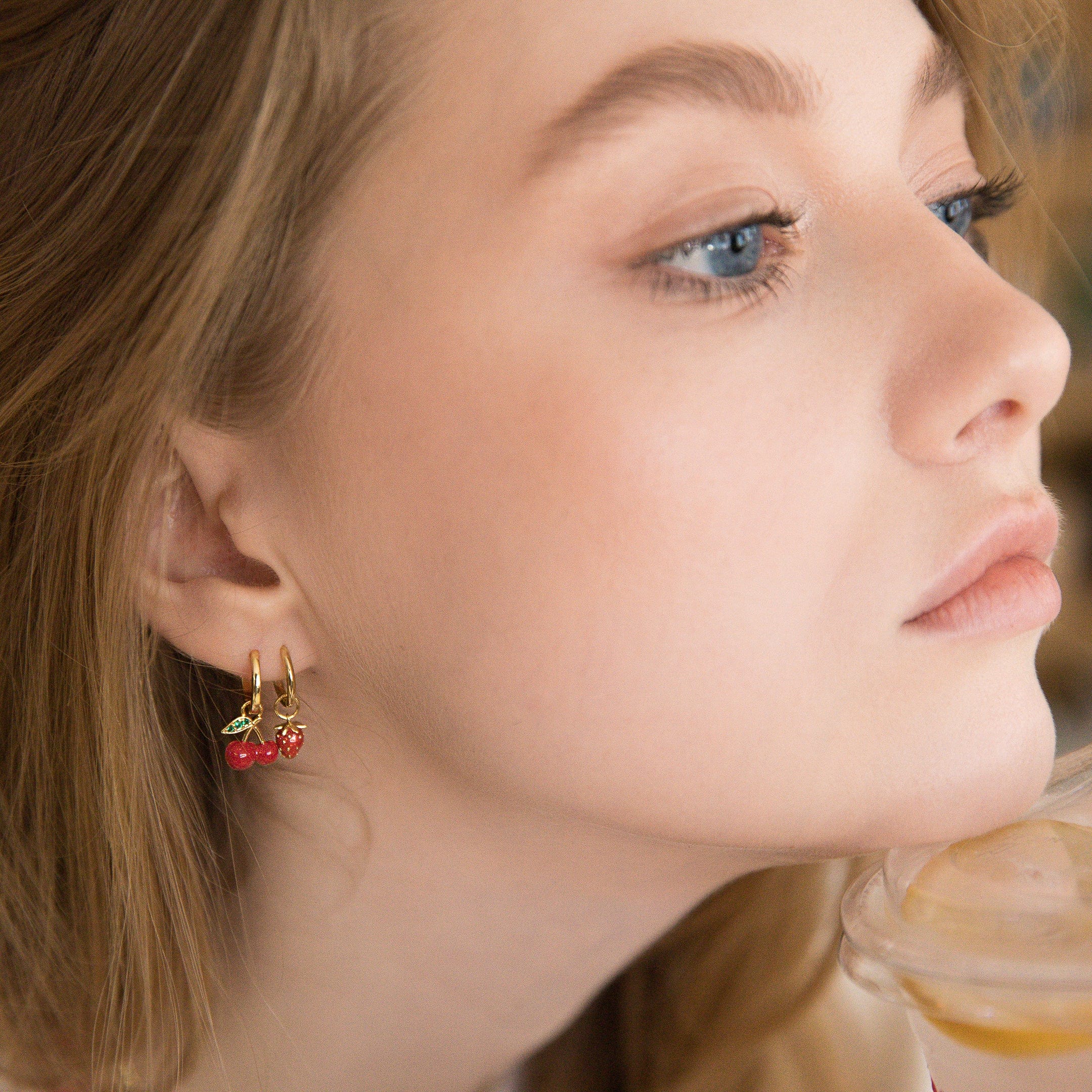 Red Enamel Cherry Drop Huggies Tai Jewelry