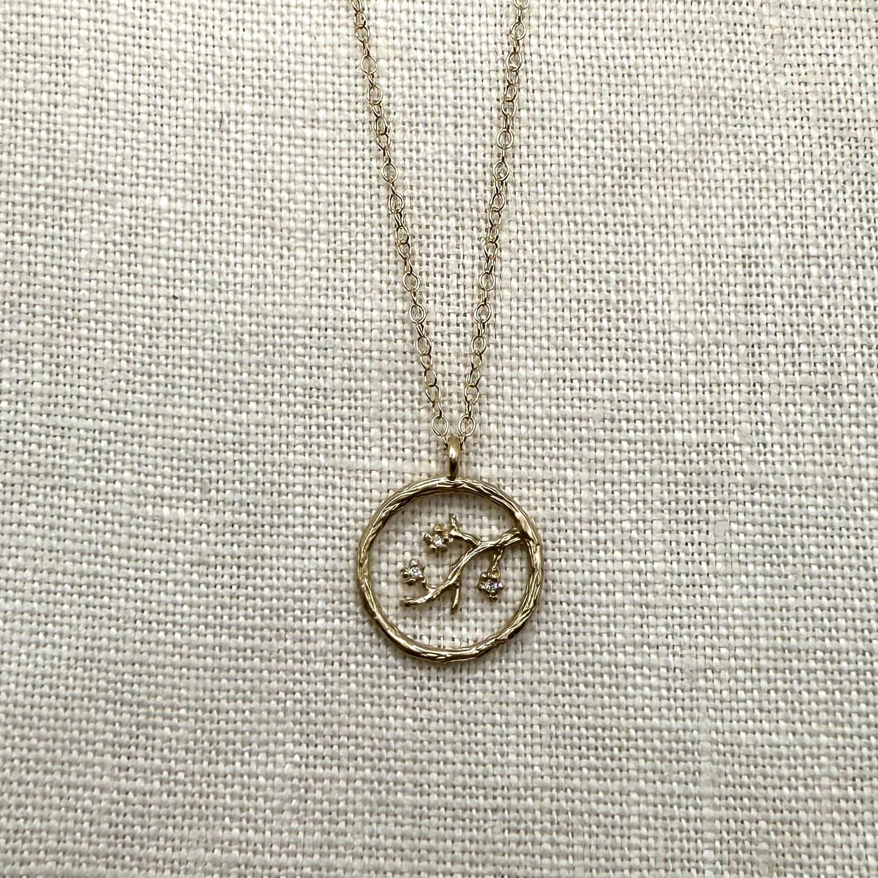 Round Open Cherry Blossom Branch with Diamond Pendant - 14 Karat Gold