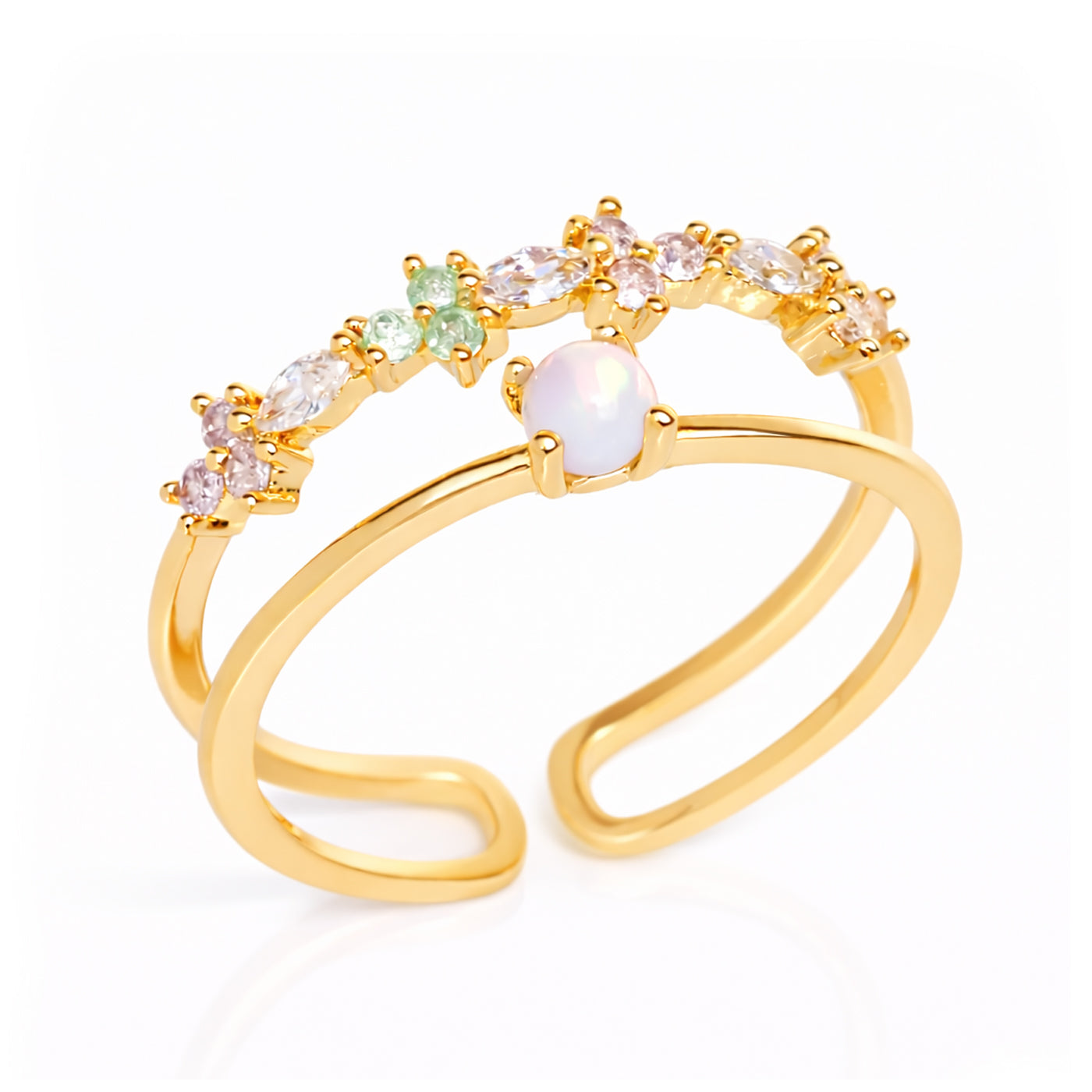 Pastel Multi Flower and Pearl Adjustable Double Ring