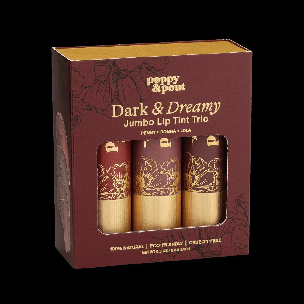 Poppy & Pout Dark & Dreamy Jumbo Lip Tint Trio packaging on a black background