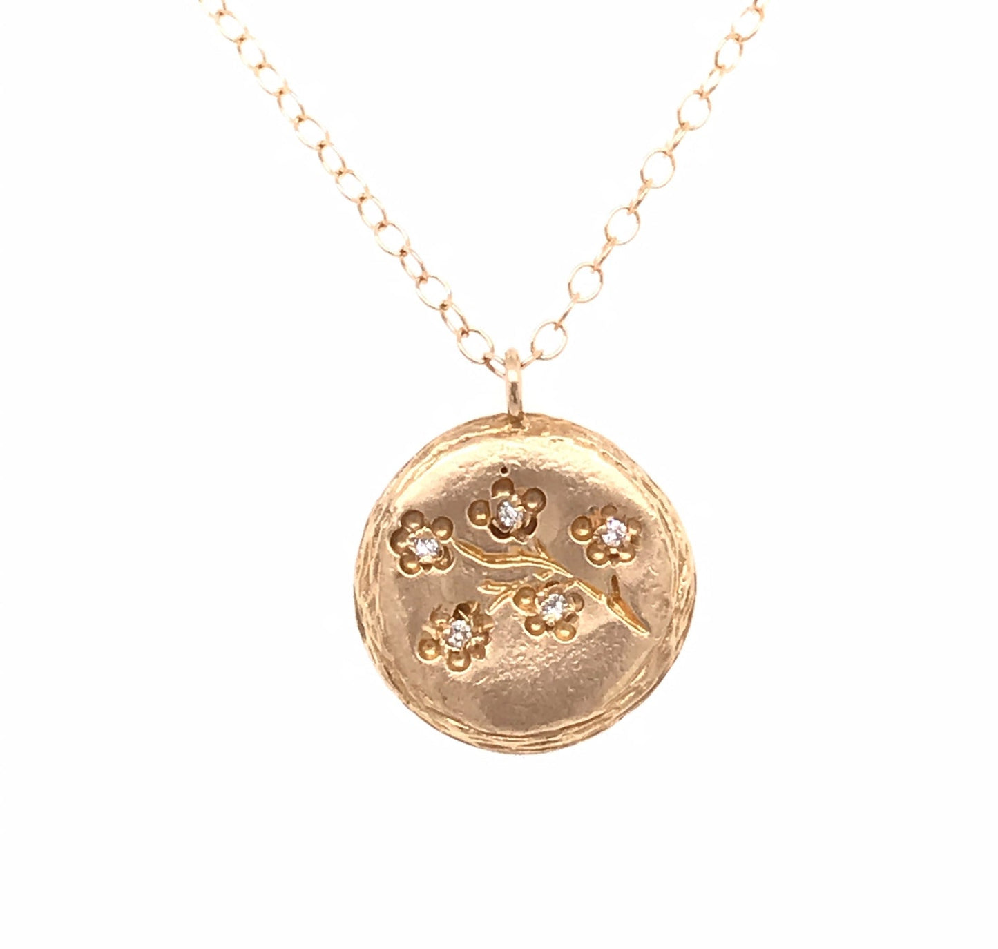 Small Round Cherry Blossom Pendant with Diamond - 14 karat gold Necklace