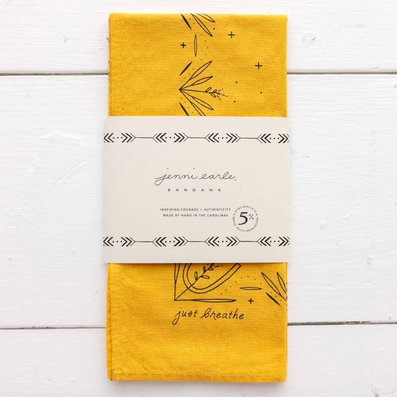Hand Dyed Cotton Bandana - Yellow - "Just Breathe"