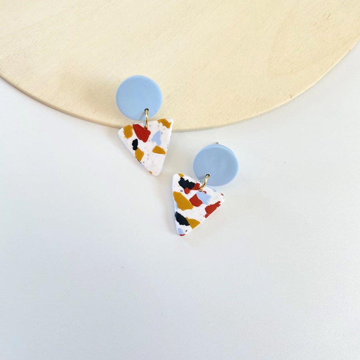 Small Terrazzo Triangle Drop Earrings- Sky Blue