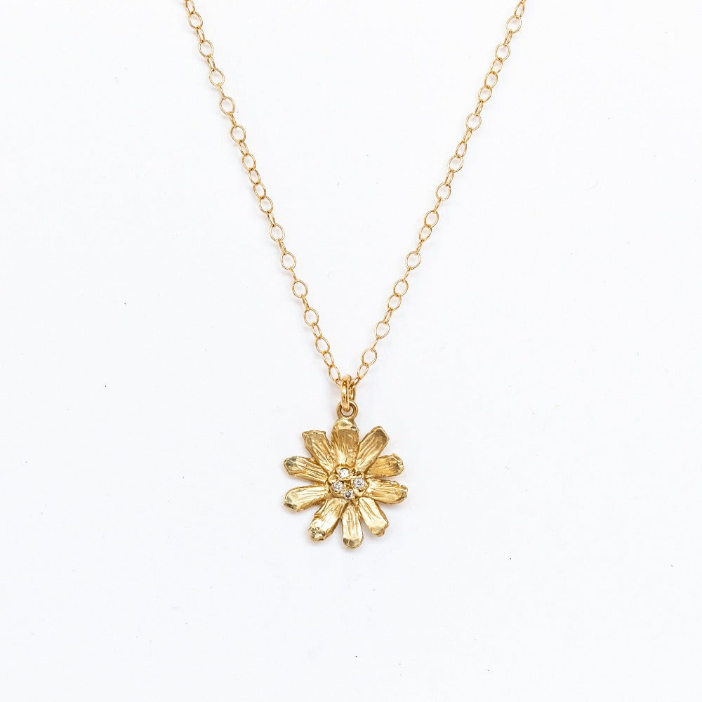 Small Daisy with Diamond - 14 karat gold Necklace