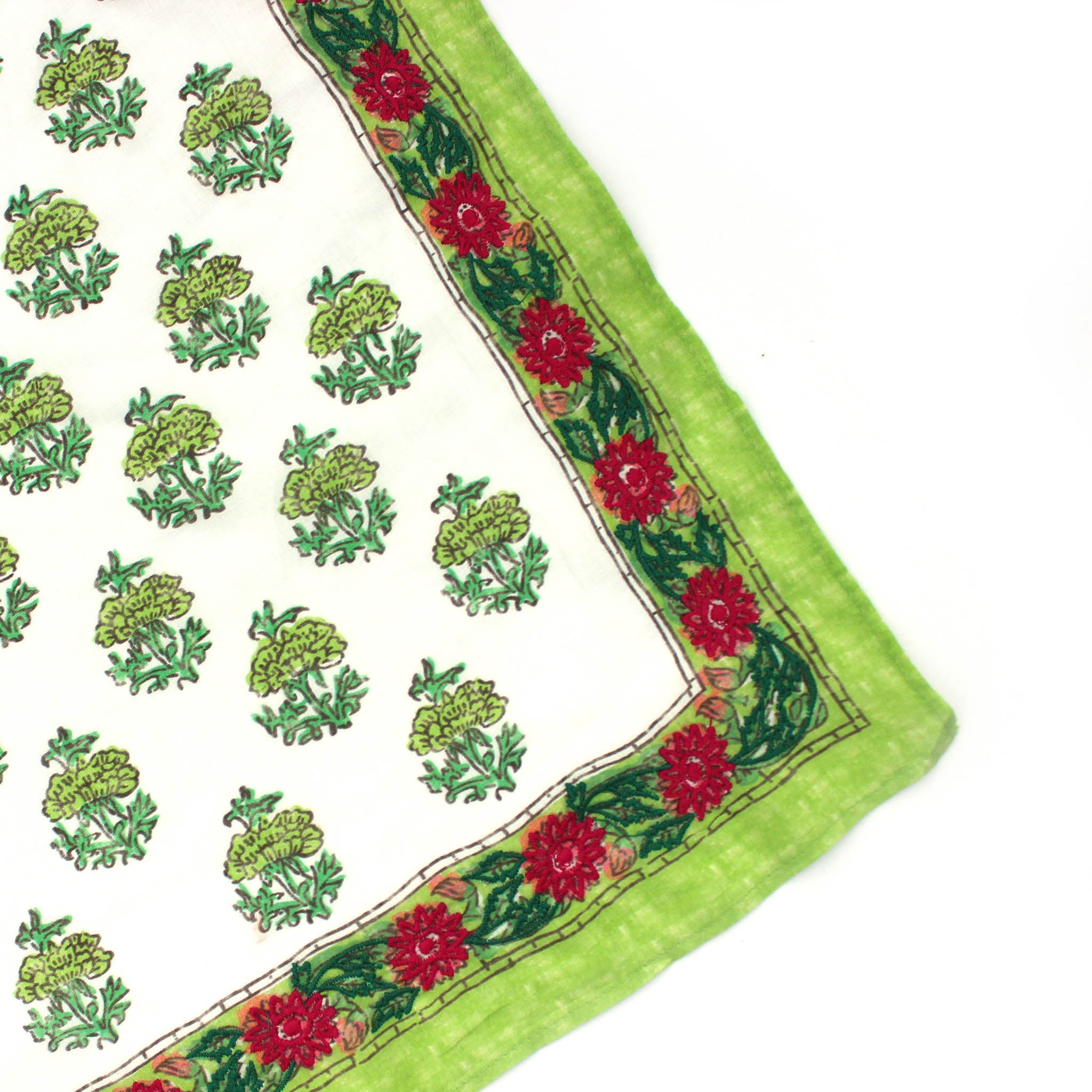 Buti Blockprint Embroidered Bandana - Green Florals Vismaya Inc.
