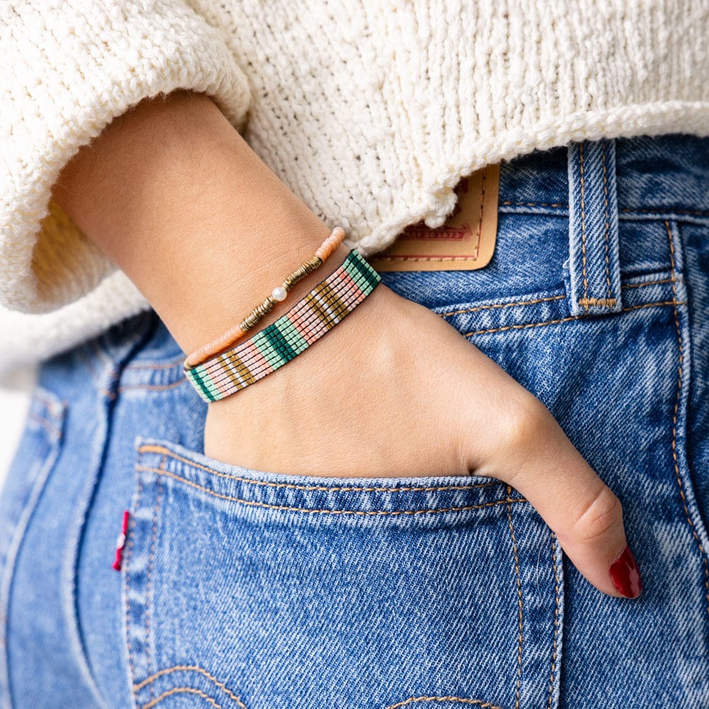 Alex Vertical Stripes Beaded Stretch Bracelet - Green Blush