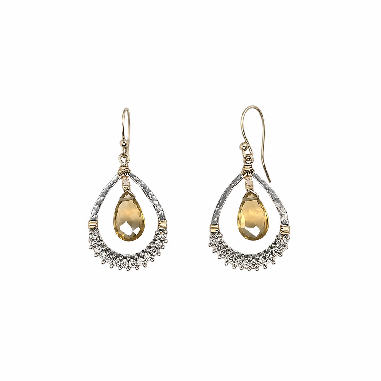 Whiskey Quartz in Pear Frame Earring with Silver Bead Cluster