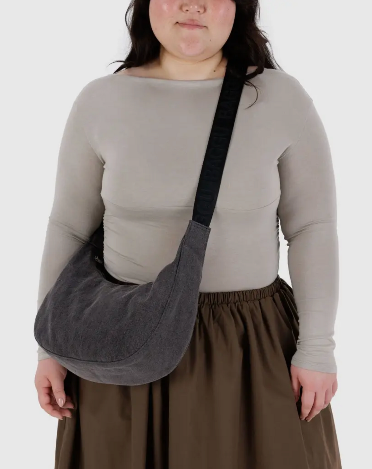 Medium Denim Crescent Bag - Washed Black Denim Baggu