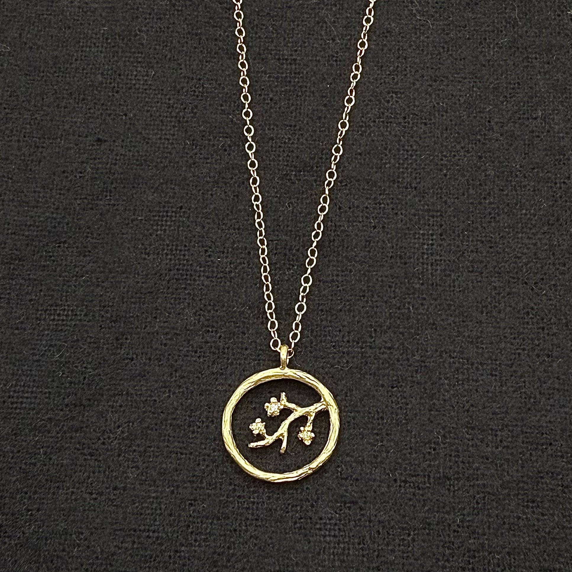 Round Open Cherry Blossom Branch with Diamond Pendant - 14 Karat Gold