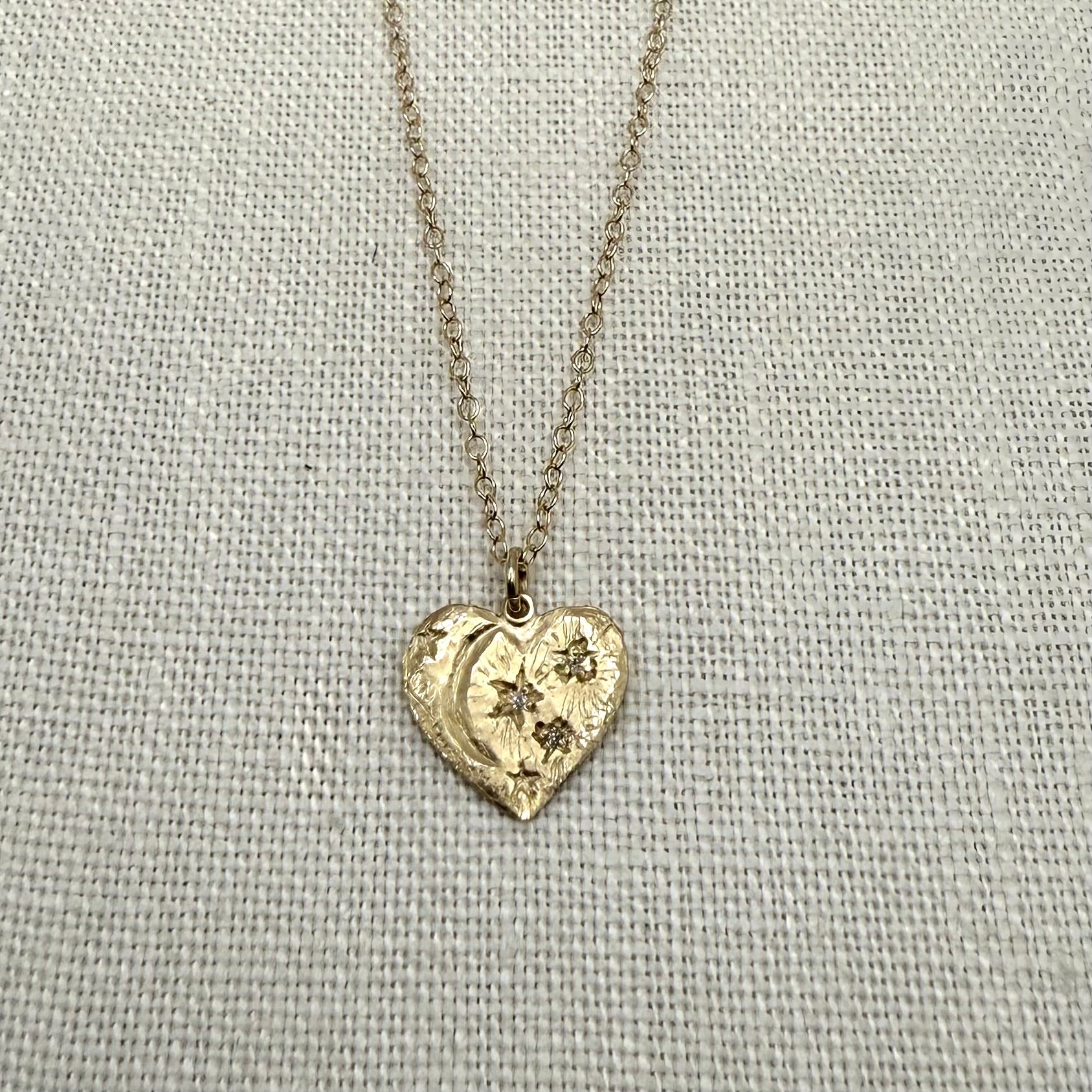 Heart with Moon & Stars Pendant - 14 Karat Gold