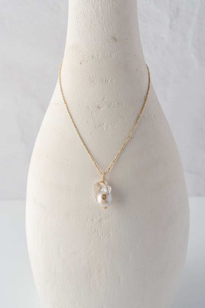 White Baroque Pearl Pendant with White Topaz on Gold Vermeil Chain