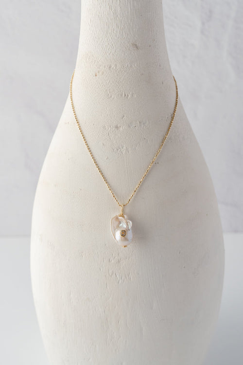 Load image 1 in gallery view. White Baroque Pearl Pendant with White Topaz on Gold Vermeil Chain