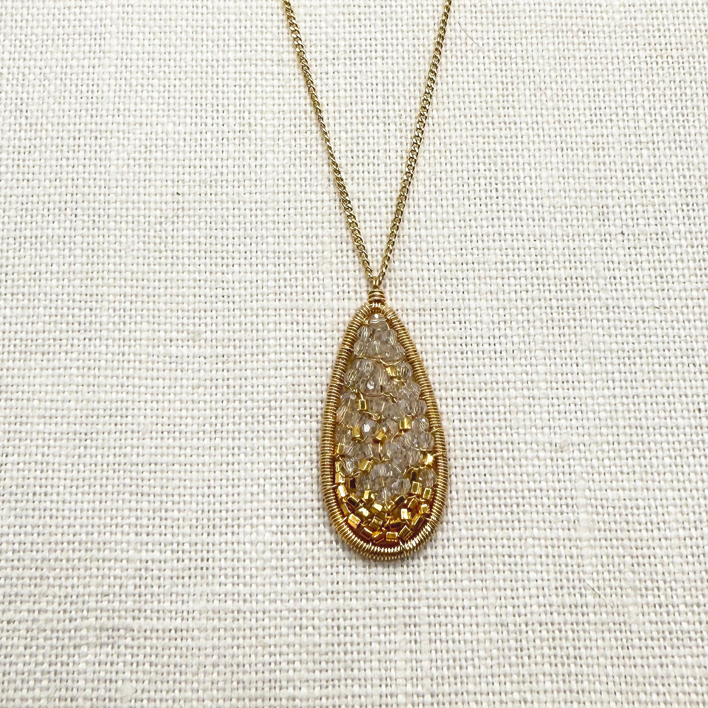 Long Oval Mosaic Pendant with Crystals and Gold Beads