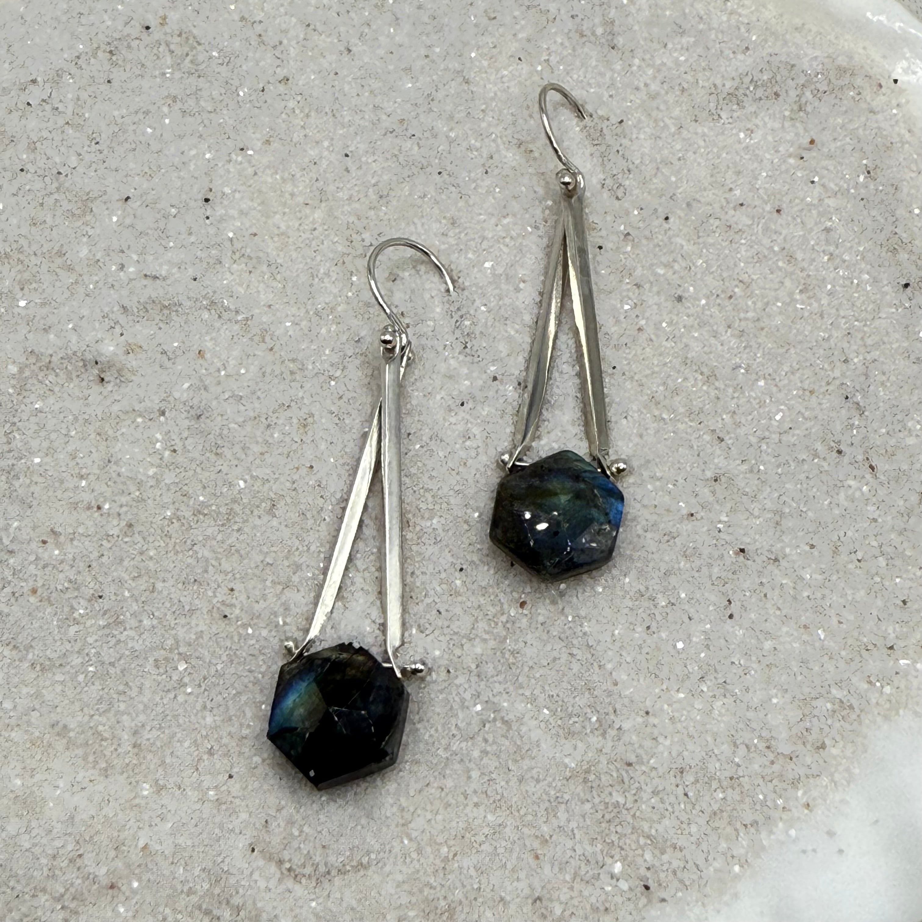 Double Twist Stick Hexagon Labradorite Sterling Earring