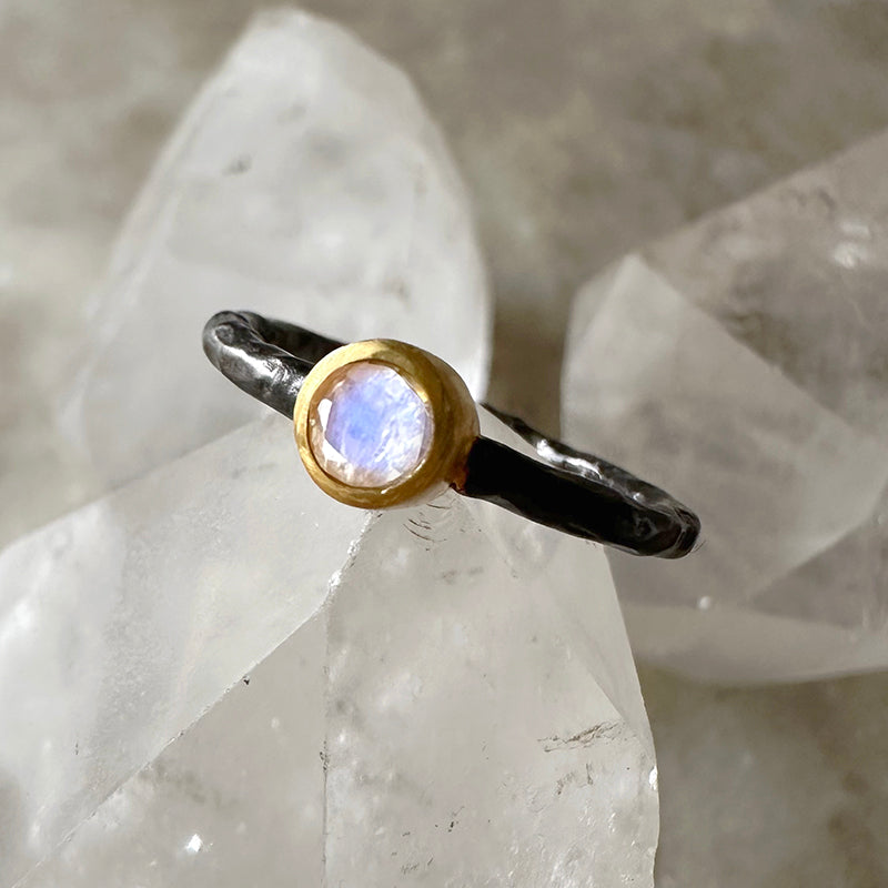 Moonstone Ring with Oxidized Sterling Silver and Gold Vermeil