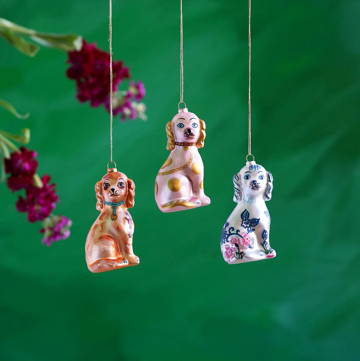 Nathalie Lété Floral Dog Glass Ornaments - Pink with Gold Dots