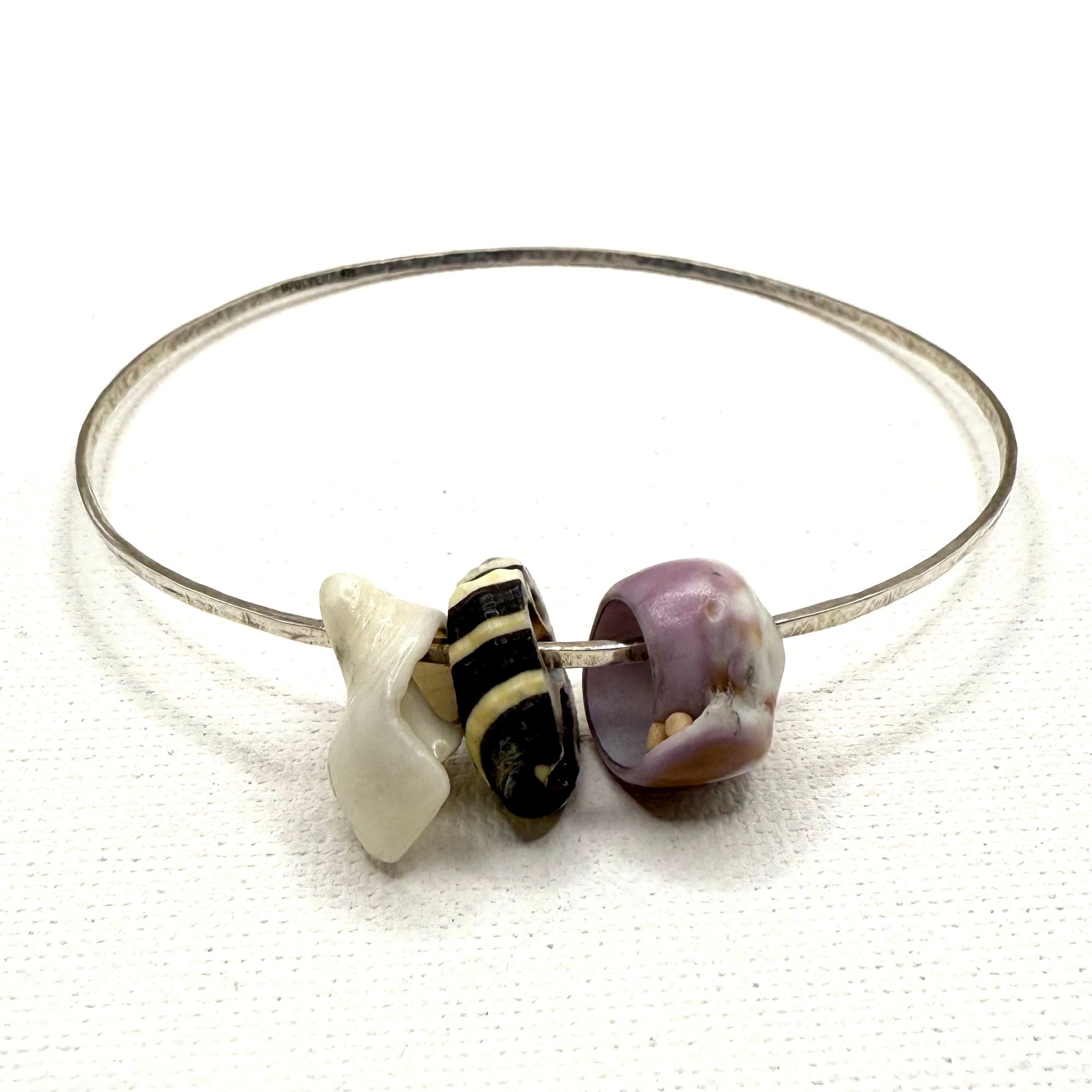 Sterling Silver Bangle Bracelet with Purple & Striped Shells