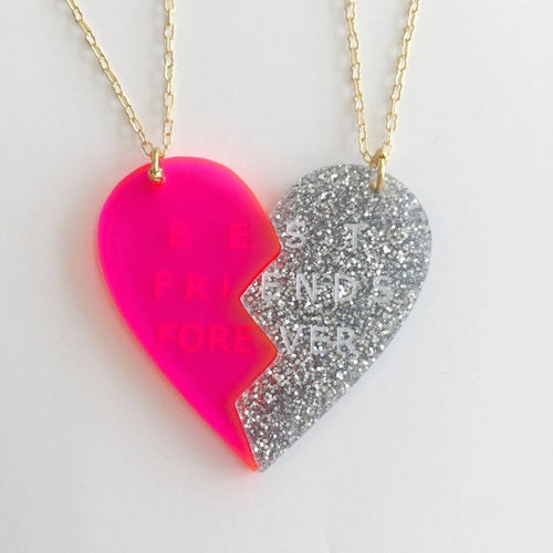 BFF Heart Necklace (Set of 2) - Pink/Silver
