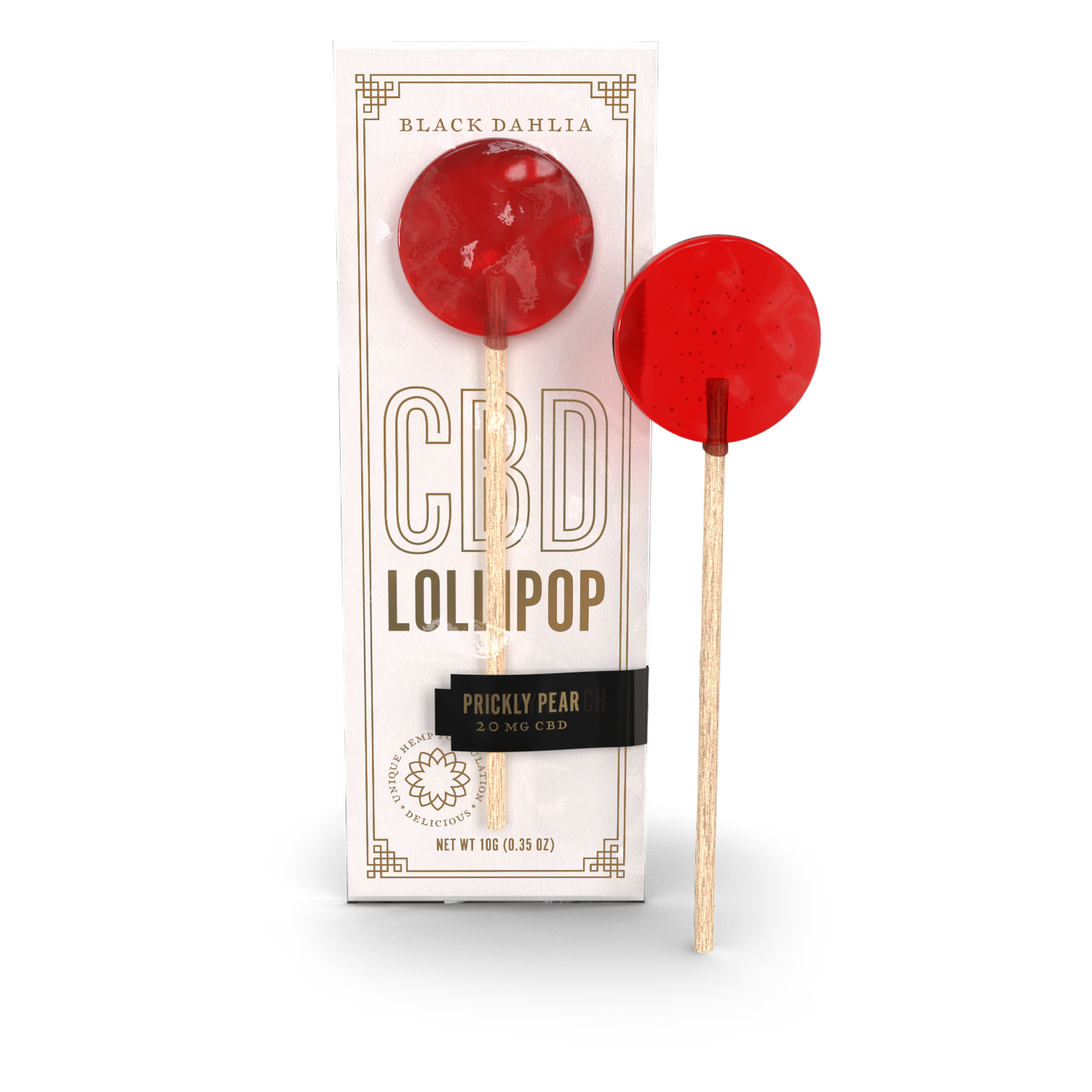 CBD lollipop in box with red prickly pear hard candy on wooden stick