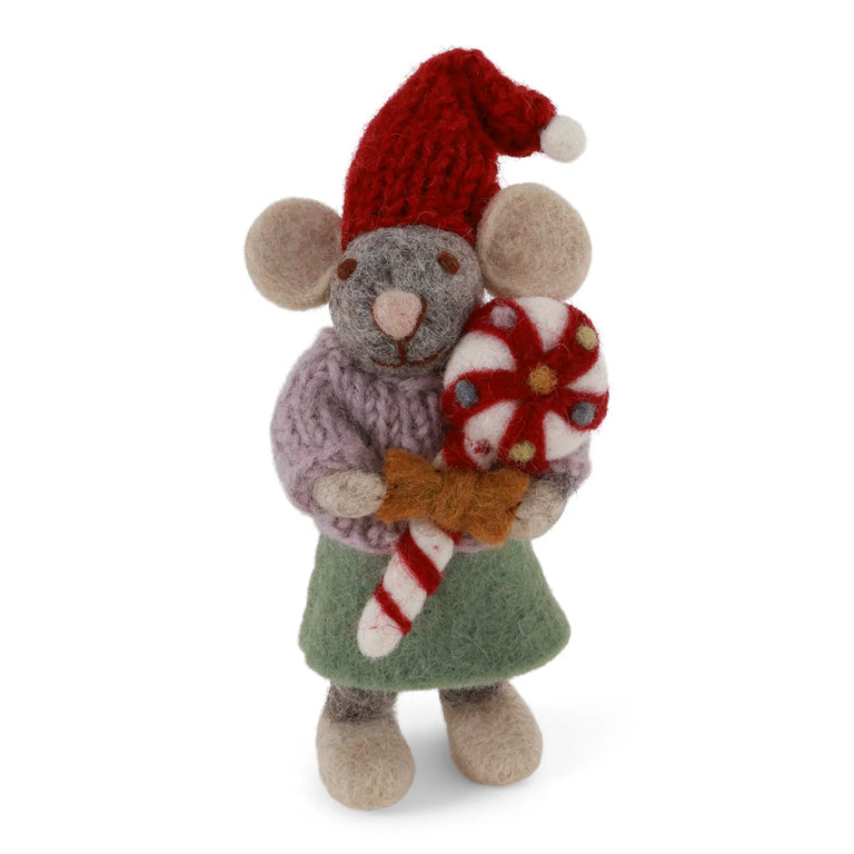 Grey Girly Mouse with Christmas Candy Felt Ornament