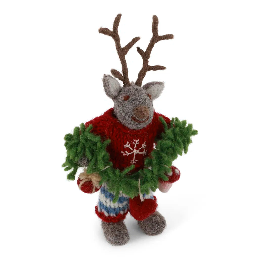 Small Grey Boy Deer w/Garland Felt Ornament